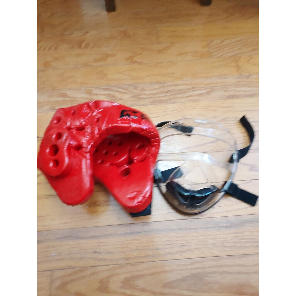 ATA Macho Products China Taekwondo Red Helmet w Face Guard strap needs repair
